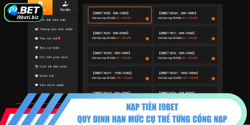 Nạp Tiền I9BET Linh Hoạt Qua Các Phương Thức Phổ Biến 2 Hạn mức nạp tiền I9BET cho từng phương thức